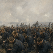 Father William Corby gives general absolution to the kneeling Irish Brigade before battle at Gettysburg on July 2, 1863.