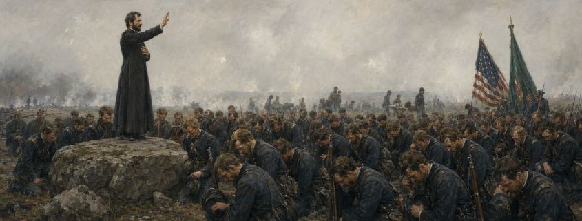 Father William Corby gives general absolution to the kneeling Irish Brigade before battle at Gettysburg on July 2, 1863.